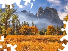Skały, Drzewa, Stany Zjednoczone, Mgła, Kalifornia, Góry, Park Narodowy Yosemite, Jesień