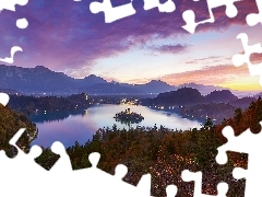 Jezioro Bled, Słowenia, Góry, Drzewa, Kościół, Wyspa Blejski Otok