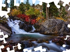 Rzeka, Kolorowe, Drzewa, Kalifornia, Skały, Jesień, Krzewy, Stany Zjednoczone, Bishop Creek, Kamienie