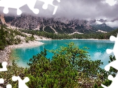 Jezioro, Góry, Drzewa, Alpy, Włochy, Lago di Braies, Chmur