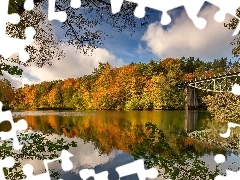 Las, Jezioro, Jesień, Chmury, Drzewa, Most