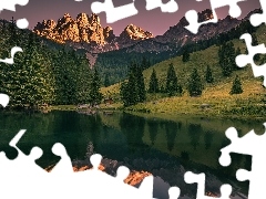 Jezioro, Las, Odbicie, Drzewa, Góry, Ławki, Austria