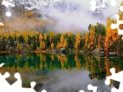 Drzewa, Góry, Mgła, Odbicie, Jesień, Jezioro