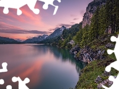 Jezioro Silsersee, Dolina Engadyna, Drzewa, Góry, Szwajcaria, Las, Zachód słońca