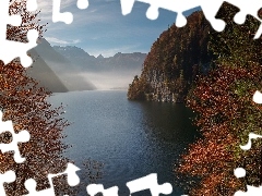 Jezioro, Konigssee, Niemcy, Drzewa, Bawaria, GĂłry, JesieĹ, MgĹa