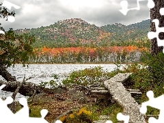 GĂłry, PoroĹniÄte, Jezioro, Upper Hadlock Lake, Stan Maine, Stany Zjednoczone, KĹadka, Park Narodowy Acadia, Drzewa