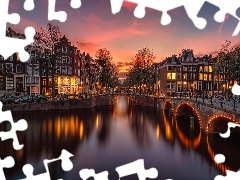 Amsterdam, Holandia, Rzeka, KanaĹ Leidsegracht, ĹwiatĹa, ZachĂłd sĹoĹca, Drzewa, Domy, Most