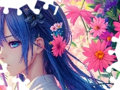 Manga, Anime, Kwiaty, WĹosy, Dziewczyna