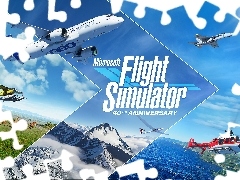 Helikopter, Gra, GĂłry, Ĺťyrafy, Niebo, Plakat, SĹoĹce, Samoloty, Microsoft Flight Simulator, Chmury, Morze
