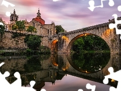 Most, Rzeka Tamega, Ponte Sao Goncalo, Klasztor, Amarante, Portugalia, Drzewa, Odbicie, KoĹciĂłĹ