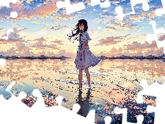 Dziewczyna, Grafika, Kwiaty, Chmury, Rzeka, Anime