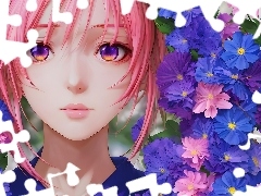 Kwiaty, Anime, RĂłĹźowe, WĹosy, Dziewczyna
