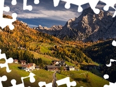 Val Badia, Dolina, WieĹ, Dolomity, Alpy, Domy, Las, WĹochy, Droga, SkaĹy, GĂłry, Bolzano