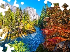 Kalifornia, Park Narodowy Yosemite, Drzewa, Rzeka, GĂłry, JesieĹ, Stany Zjednoczone, Merced River