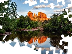 SkaĹy, Cathedral Rock, Odbicie, Rzeka, Arizona, Stany Zjednoczone, Drzewa, Sedona, Oak Creek