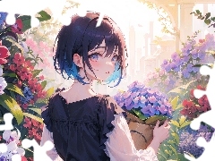 CiemnowĹosa, Kwiaty, Anime, Dziewczyna