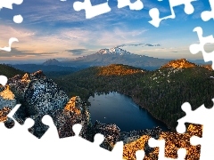 Las, Stratowulkan, Mount Shasta, Kalifornia, Jezioro, GĂłry Kaskadowe, GĂłry, Stany Zjednoczone, Drzewa, Heart Lake