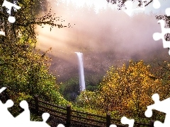 South Falls, Wodospad, JesieĹ, SkaĹy, Stan Oregon, Stany Zjednoczone, Trawa, Park stanowy Silver Falls, Drzewa