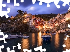 WĹochy, ĹĂłdki, Zmrok, Domy, ĹwiatĹa, Cinque Terre, Riomaggiore, GĂłry