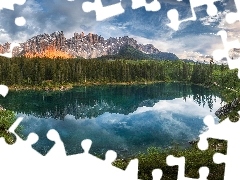 Alpy, Jezioro, Las, Dolomity, Chmury, WĹochy, PoĹudniowy Tyrol, GĂłry, Lago di Carezza, Odbicie, Drzewa
