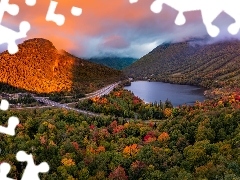 Drzewa, Jezioro, GĂłry, Stan New Hampshire, White Mountains, JesieĹ, Echo Lake, Stany Zjednoczone, Droga, Lasy
