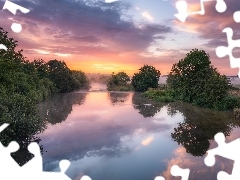 Drzewa, Rzeka, Chmury, Anglia, MgĹa, River Stour