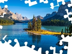 Jezioro Maligne, Alberta, GĂłry, Park Narodowy Jasper, Kanada, Wyspa Ducha, Drzewa