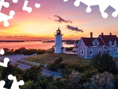 Zatoka, Cape Cod Bay, ZachĂłd sĹoĹca, Morze, Nobska Point Ligh, Stan Massachusetts, Stany Zjednoczone, Latarnia morska