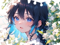 Kwiaty, Anime, Niebieskie, Oczy, Dziewczyna