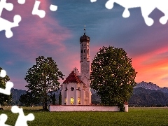 Bawaria, Niemcy, Schwangau, GĂłra, Niebo, ZachĂłd sĹoĹca, KoĹciĂłĹ Eglise Saint Coloman, Drzewa, KoĹciĂłĹ