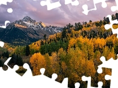Kolorado, Stany Zjednoczone, Mount Sneffels, JesieĹ, Chmury, Niebo, Las, Drzewa, GĂłry