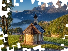 Mgła, Alpy, Drzewa, Bawaria, Kapliczka, Góry, Lasy, Niemcy, Berchtesgaden, Kirchleitn Kapelle