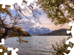 Park Narodowy Torres del Paine, Chile, Jezioro, Drzewa, Góry, Patagonia