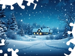 Dom, Ośnieżone, Śnieg, Drzewa, Zima, Światła, Grafika