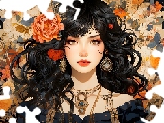 Makijaż, Czarnowłosa, Kwiaty, Twarz, Kobieta, Biżuteria, 2D