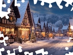 Zima, Oświetlenie, Domy, Boże Narodzenie