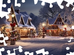Oświetlenie, Boże Narodzenie, Domy, Latarnie, Zima