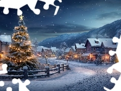 Domy, Ogrodzenie, Boże Narodzenie, Choinka, Zima