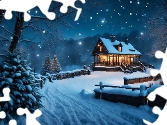 Drzewa, Śnieg, Noc, Dom, Zima, Ogrodzenie, Las