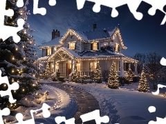 Śnieg, Zima, Dekoracja, Noc, Droga, Boże Narodzenie, Choinki, Światła, Dom