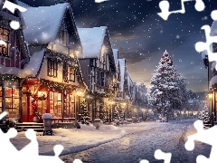 Domy, Ulica, Noc, Dekoracja, Śnieg, Miasto, Boże Narodzenie, Choinki