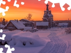 Cerkiew, Wschód słońca, Drewniane, Domy, Region archangielski, Rosja, Śnieg, Kimzha, Zima