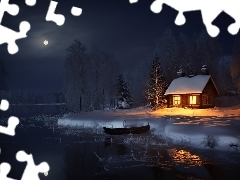 Dom, Łódka, 2D, Jezioro, Księżyc, Noc, Zima, Śnieg