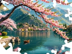 Domy, Wiosna, Como Lake, Włochy, Jezioro, Grafika