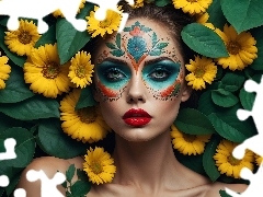Pomalowana, Kobieta, Żółte, Kwiaty, Twarz, Makijaż