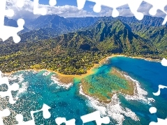 Wyspa Kauai, Góry, Z lotu ptaka, Roślinność, Chmury, Hawaje, Stany Zjednoczone, Morze