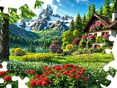 Góry, Grafika, Drzewa, Kwiaty, Dom
