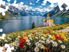 Kościół, Góry, Chmury, Grafika, Kwiaty, Jezioro