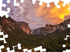 Park Narodowy Yosemite, Las, Kalifornia, Dolina, Góry, Zachód słońca, Stany Zjednoczone