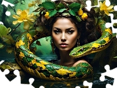 Kobieta, Kwiaty, Liście, Wąż